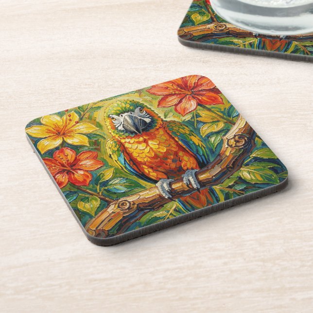 Pretty Colorful Impasto Parrot and Tropical Flower Getränkeuntersetzer (Linke Seite)