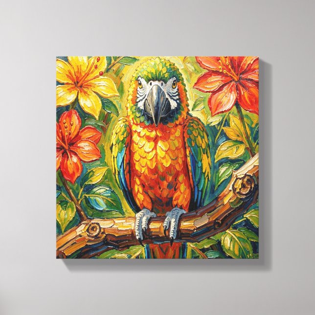 Pretty Colorful Impasto Parrot and Tropical Flower Leinwanddruck (Vorderseite)