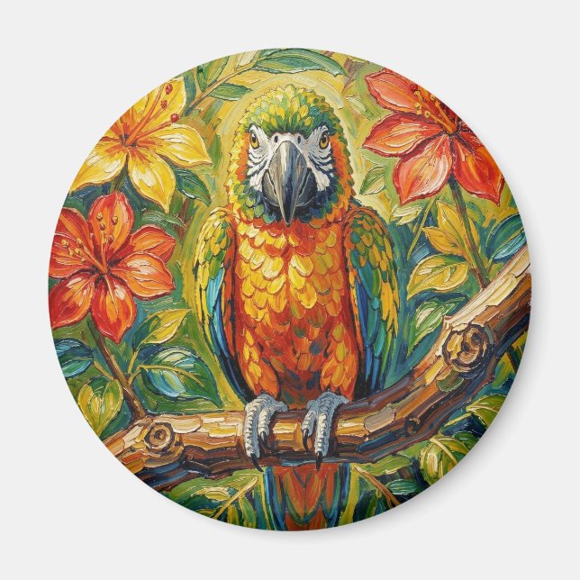 Pretty Colorful Impasto Parrot and Tropical Flower Magnet (Vorne)