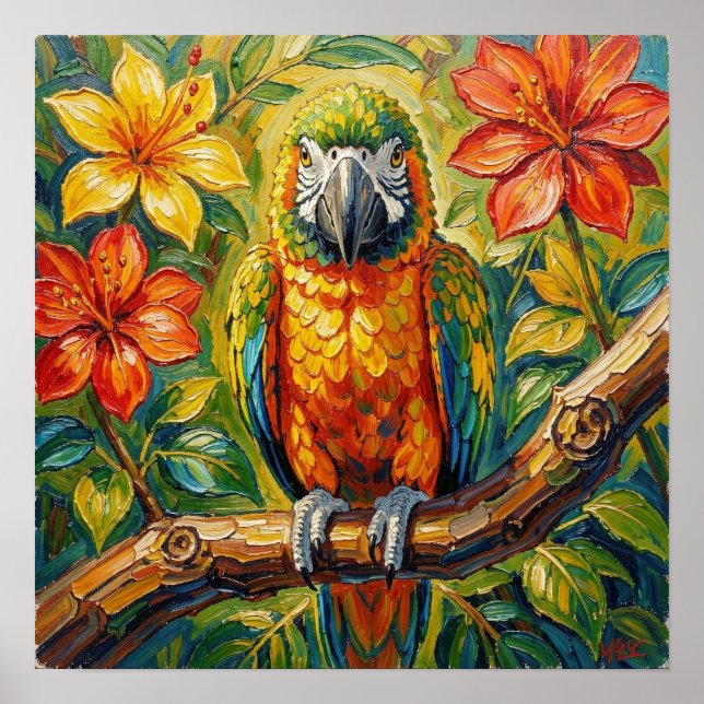 Pretty Colorful Impasto Parrot and Tropical Flower Poster (Vorne)