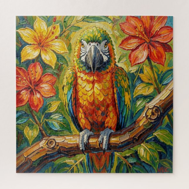 Pretty Colorful Impasto Parrot and Tropical Flower Puzzle (Vertikal)