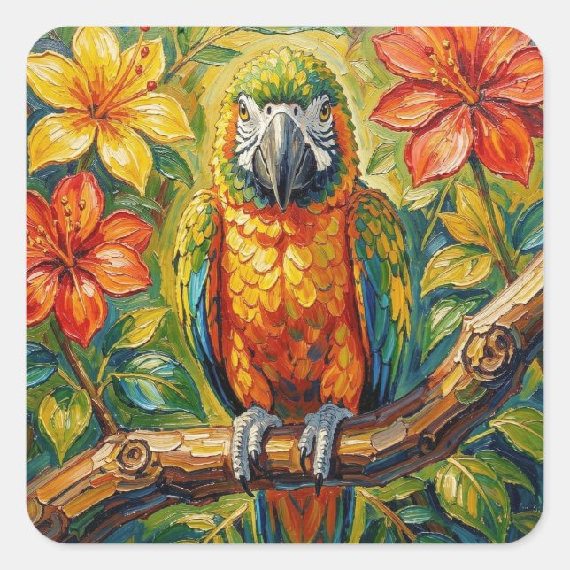 Pretty Colorful Impasto Parrot and Tropical Flower Quadratischer Aufkleber (Vorderseite)