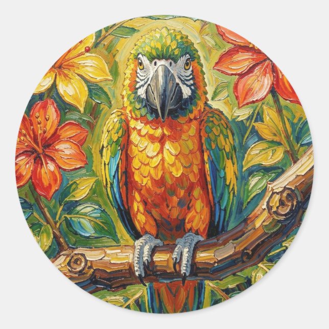Pretty Colorful Impasto Parrot and Tropical Flower Runder Aufkleber (Vorderseite)