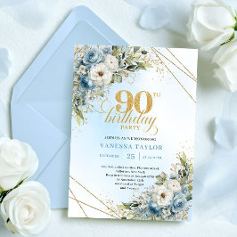 Pretty Dusty Blue Gold Border 90th Birthday Invite Einladung
