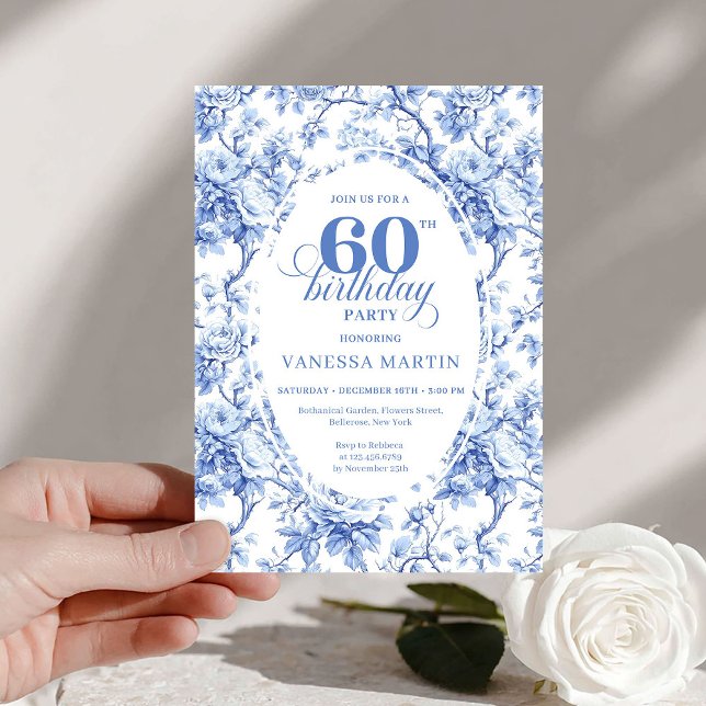 Pretty Dusty Blue Toile Roses 60th Birthday Invite Einladung (Pretty Dusty Blue Toile Roses 60th Birthday Invite

)