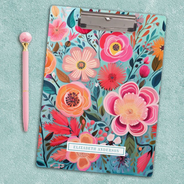 Pretty Elegant Botanical Stylish Floral Klemmbrett (A pretty, stylish and colorful floral clipboard. Personalize it with your name.)