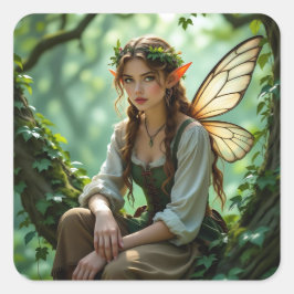 Pretty Elven Fairy in Enchanted Forest Quadratischer Aufkleber