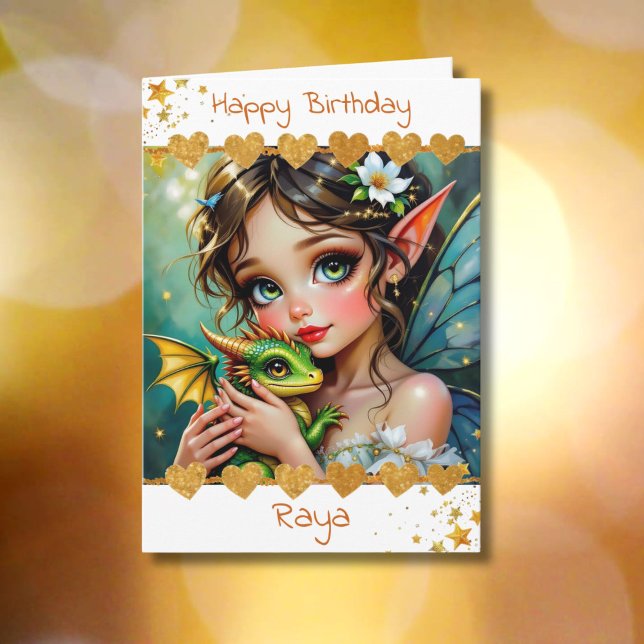 Pretty  Fairy and Dragon Themed Girl's Birthday Karte (Von Creator hochgeladen)