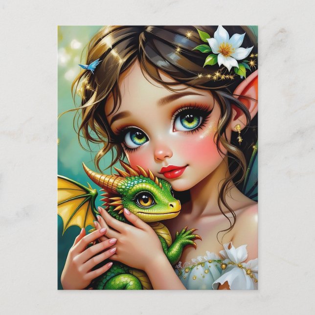 Pretty  Fairy and Dragon Themed Girl's   Postkarte (Vorderseite)