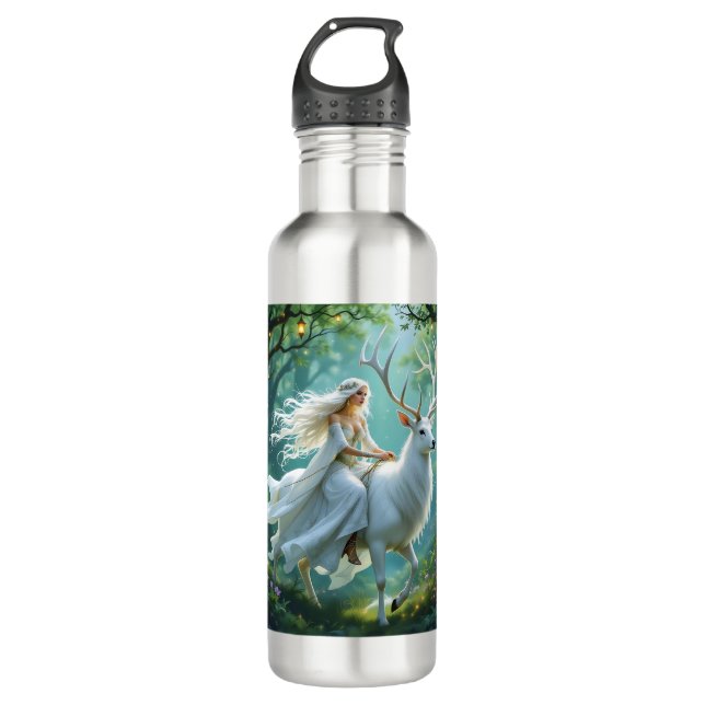 Pretty Fairy and White Deer in Enchanted Forest Edelstahlflasche (Vorderseite)