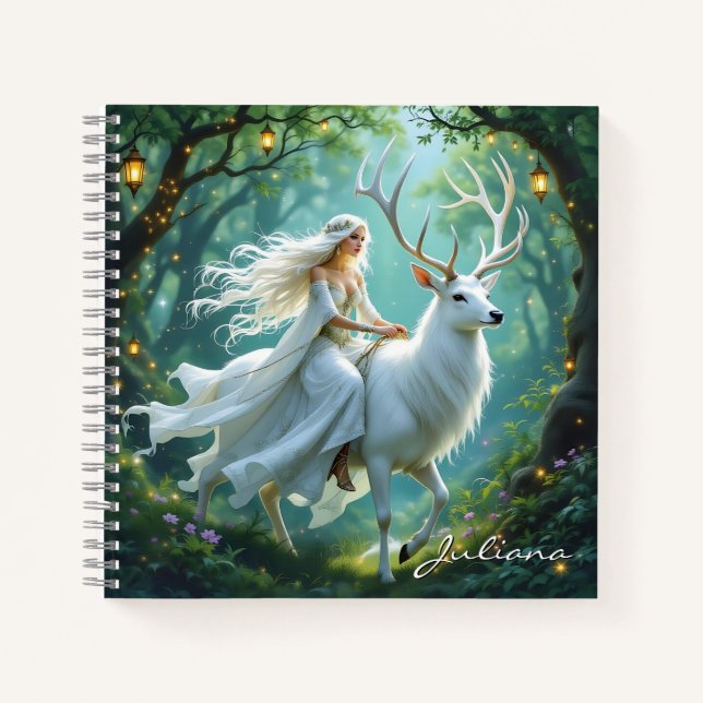 Pretty Fairy and White Deer in Enchanted Forest Notizbuch (Vorderseite)