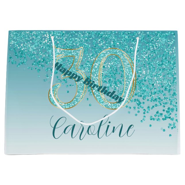Pretty Falling Teal Blue Glitter 30th Birthday Große Geschenktüte (Vorderseite)