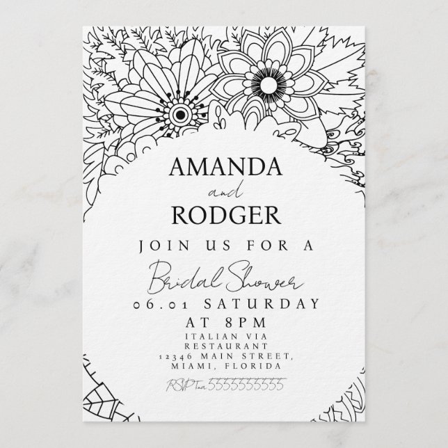 Pretty Floral Doodles Black White Bridal Shower Einladung (Vorderseite)