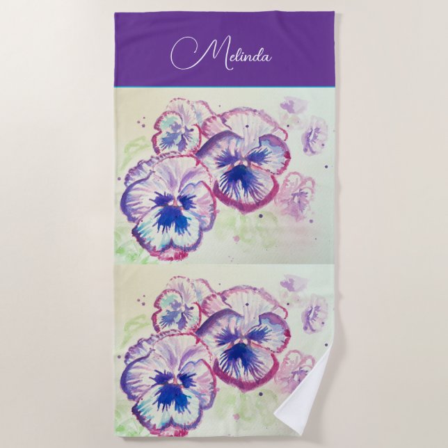 Pretty Floral Pastel Pansy Purple Watercolor Towel Strandtuch (Vorderseite)