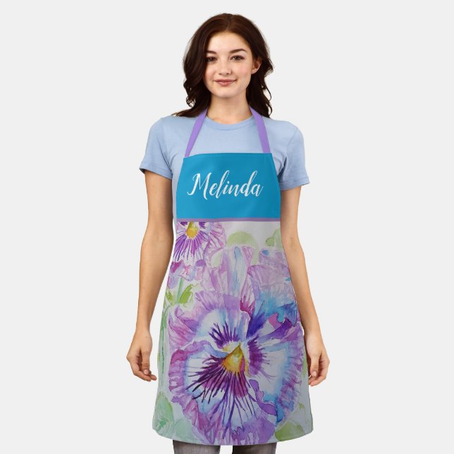 Pretty Floral Pastel Pansy Purple Womans Apron Schürze (Getragen)