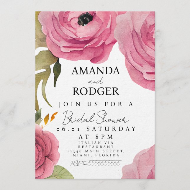 Pretty Floral Pink Watercolor Roses Bridal Shower Einladung (Vorderseite)