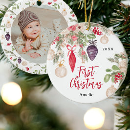 Pretty floral watercolor baby first Christmas Keramik Ornament