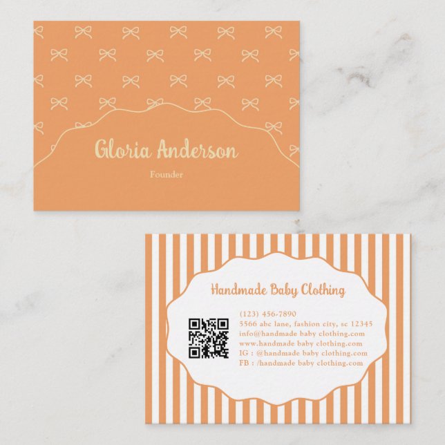 Pretty Girly Feminine Orange Bow Stripe Pattern  Visitenkarte (Vorne/Hinten)