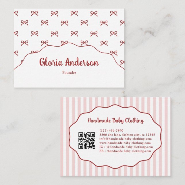 Pretty Girly Feminine Pink Red Bow Stripe Pattern Visitenkarte (Vorne/Hinten)