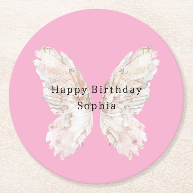 Pretty Girly Pink Butterfly Wings Birthday Runder Pappuntersetzer (Vorderseite)
