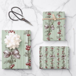 Pretty Green Toile Christmas Berries And Bows Geschenkpapier Set