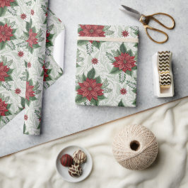 Pretty Green Toile Red Christmas Flower Pattern Geschenkpapier