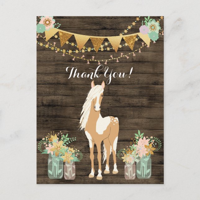 Pretty Horse and Flowers Rustic Wood Thank You Postkarte (Vorderseite)