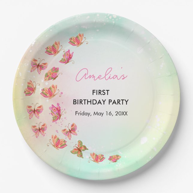 Pretty in Pink Butterfly Birthday Party Plates Pappteller (Vorderseite)