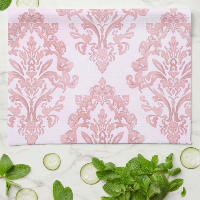 Pretty in Pink Victorian Damask Watercolor Pattern Geschirrtuch (Gefaltet)