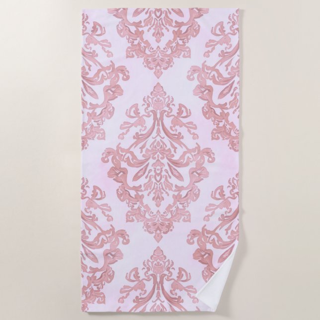 Pretty in Pink Victorian Damask Watercolor Pattern Strandtuch (Vorderseite)