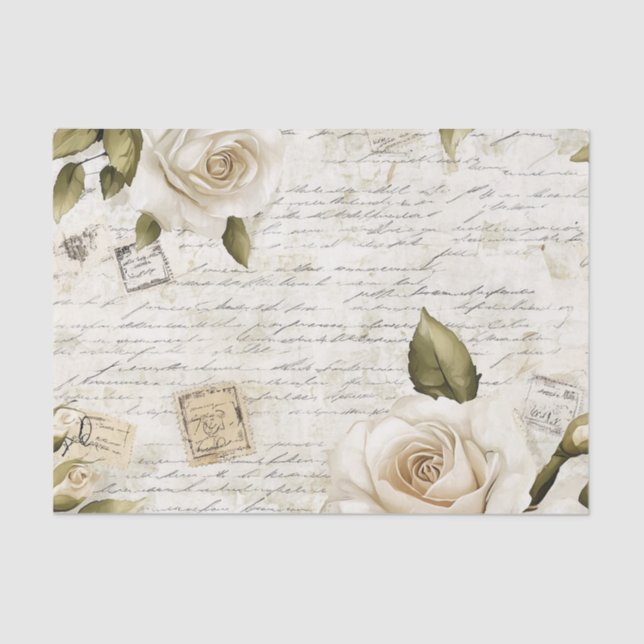 Pretty Ivory Roses on Simulated Text and Stamps Seidenpapier (Vorderseite)