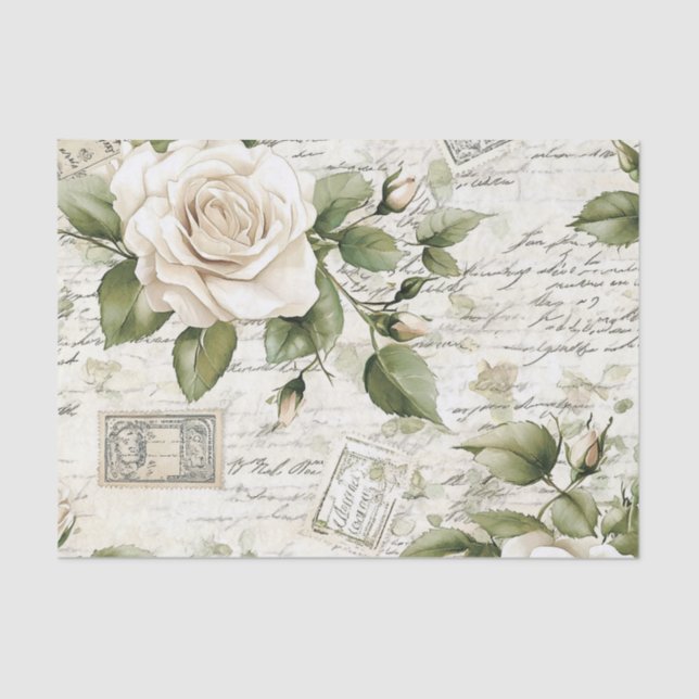 Pretty Ivory Roses with Simulated Text and Stamps Seidenpapier (Vorderseite)