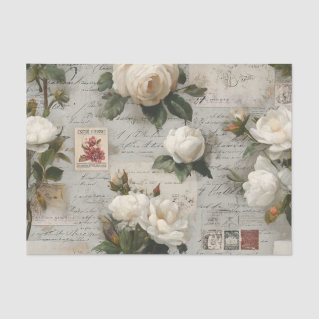 Pretty Ivory Roses with Simulated Text and Stamps Seidenpapier (Vorderseite)