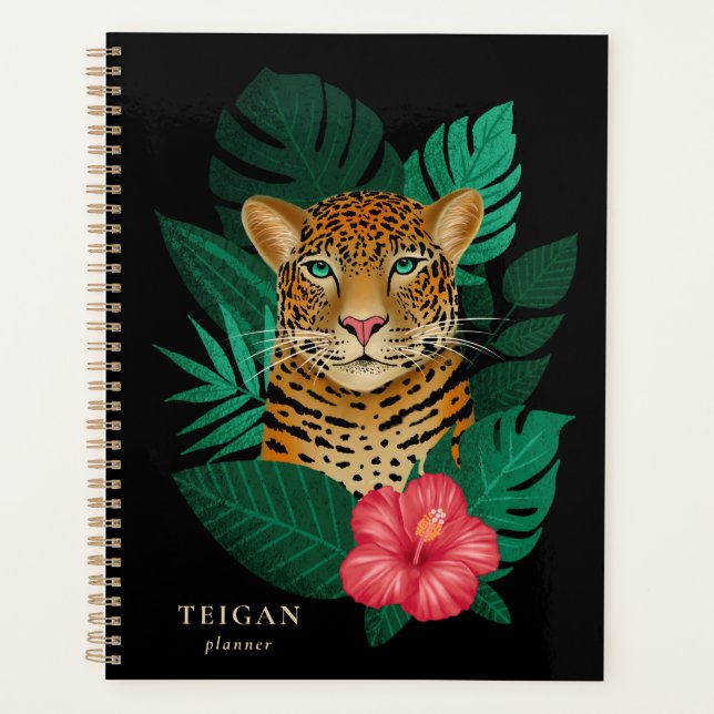 Pretty Jungle Leopard Floral Art | Black | Name Planer (Vorderseite)