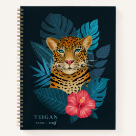 Pretty Jungle Leopard Floral Art | Blue | Name Notizbuch