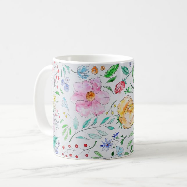 Pretty Light Watercolor Flowers and Buds Pattern Kaffeetasse (Vorderseite Links)