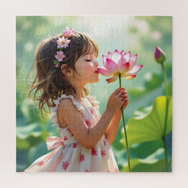 Pretty Little Girl Smelling a Pink Rose Puzzle (Vertikal)