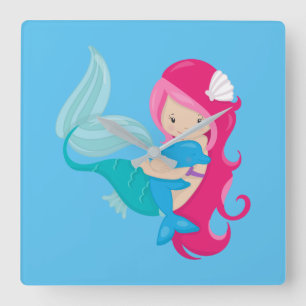 Pretty Mermaid and Dolphin Quadratische Wanduhr