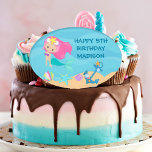Pretty Mermaid Custom Kids Pool Birthday Party Kuchenaufsatz<br><div class="desc">Join us under the sea for a whimsical children's birthday party for a little girl who loves pretty pink mermaids. These cute beach cake topper feature an adorable pink haired mermaid swimming next to beautiful seashells in the ocean. A cool children's pool party theme.</div>