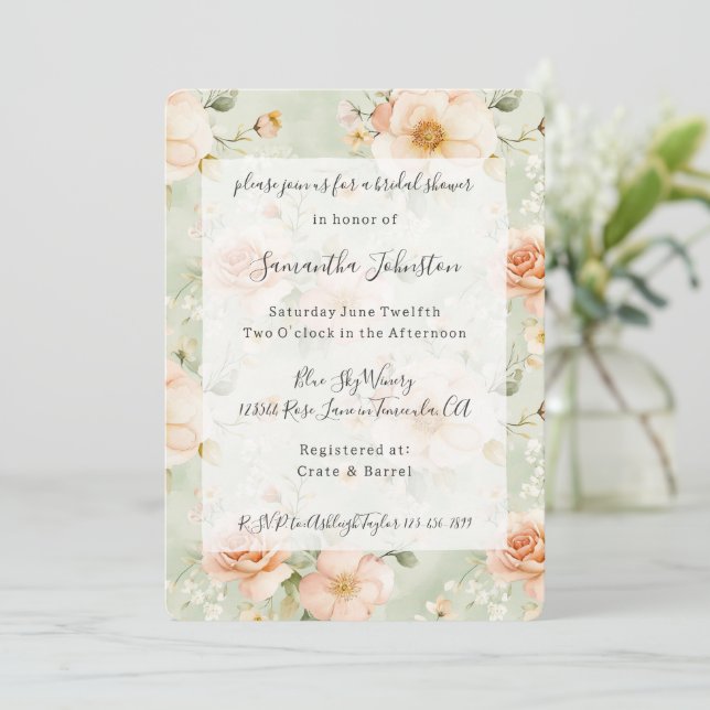 Pretty Mint Peach Floral Bridal Shower Einladung (Stehend Vorderseite)