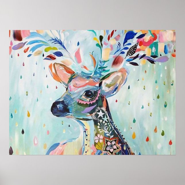 Pretty Modern Deer Art Flower Antlers Poster (Vorne)