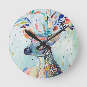Pretty Modern Deer Art Flower Antlers Runde Wanduhr