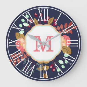 Pretty Modern Floral Collage Monogram Große Wanduhr
