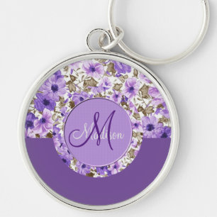Pretty Monogram Purple & White Floral Key Chain 3 Schlüsselanhänger