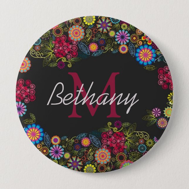 Pretty Ornate Dark Floral Pattern Personalised Button (Vorderseite)