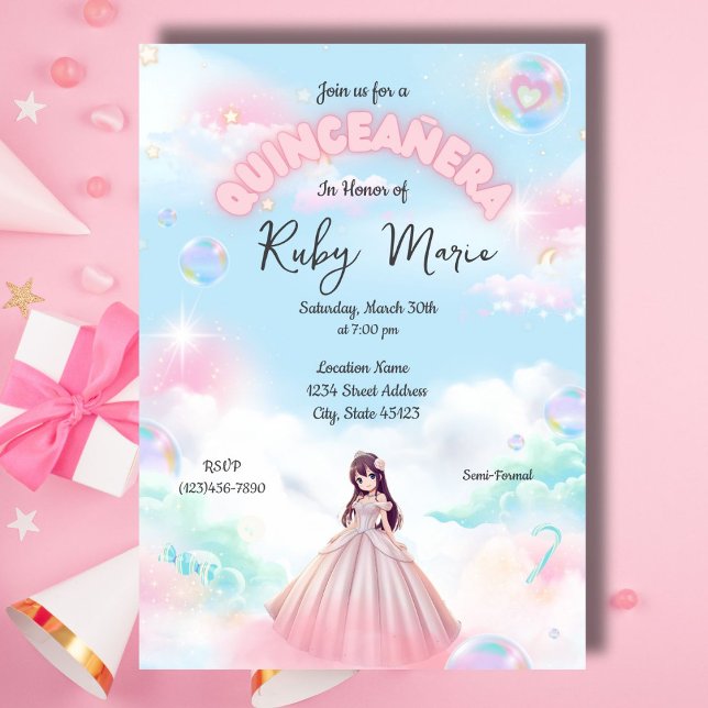 Pretty Pastel Anime Girl Quinceanera Invitation Einladung (Von Creator hochgeladen)