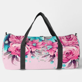 Pretty Pastel Pink & Teal Watercolor Florals Duffle Bag