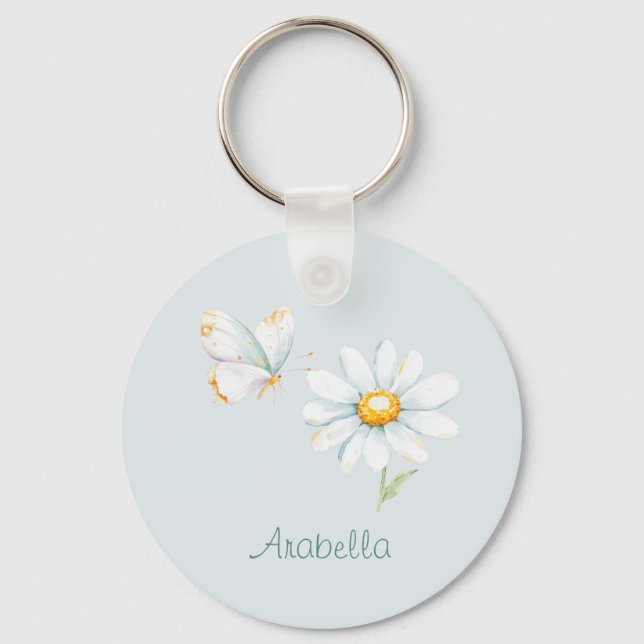 Pretty Pastel Watercolor Butterfly and Daisy Schlüsselanhänger (Vorderseite)