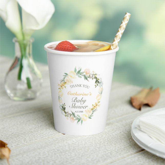 Pretty Pastel Yellow Floral Baby Shower Paper Cup Pappbecher (In Situ)