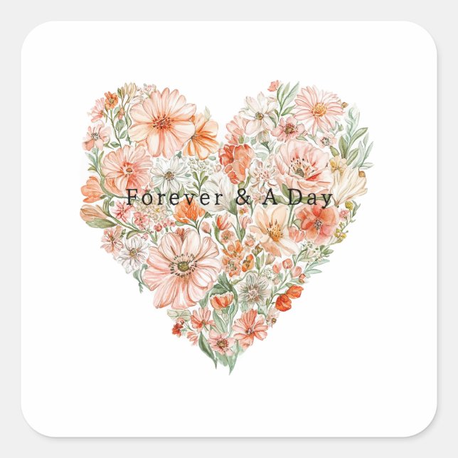 Pretty Peach Floral Heart Wedding Quadratischer Aufkleber (Vorderseite)